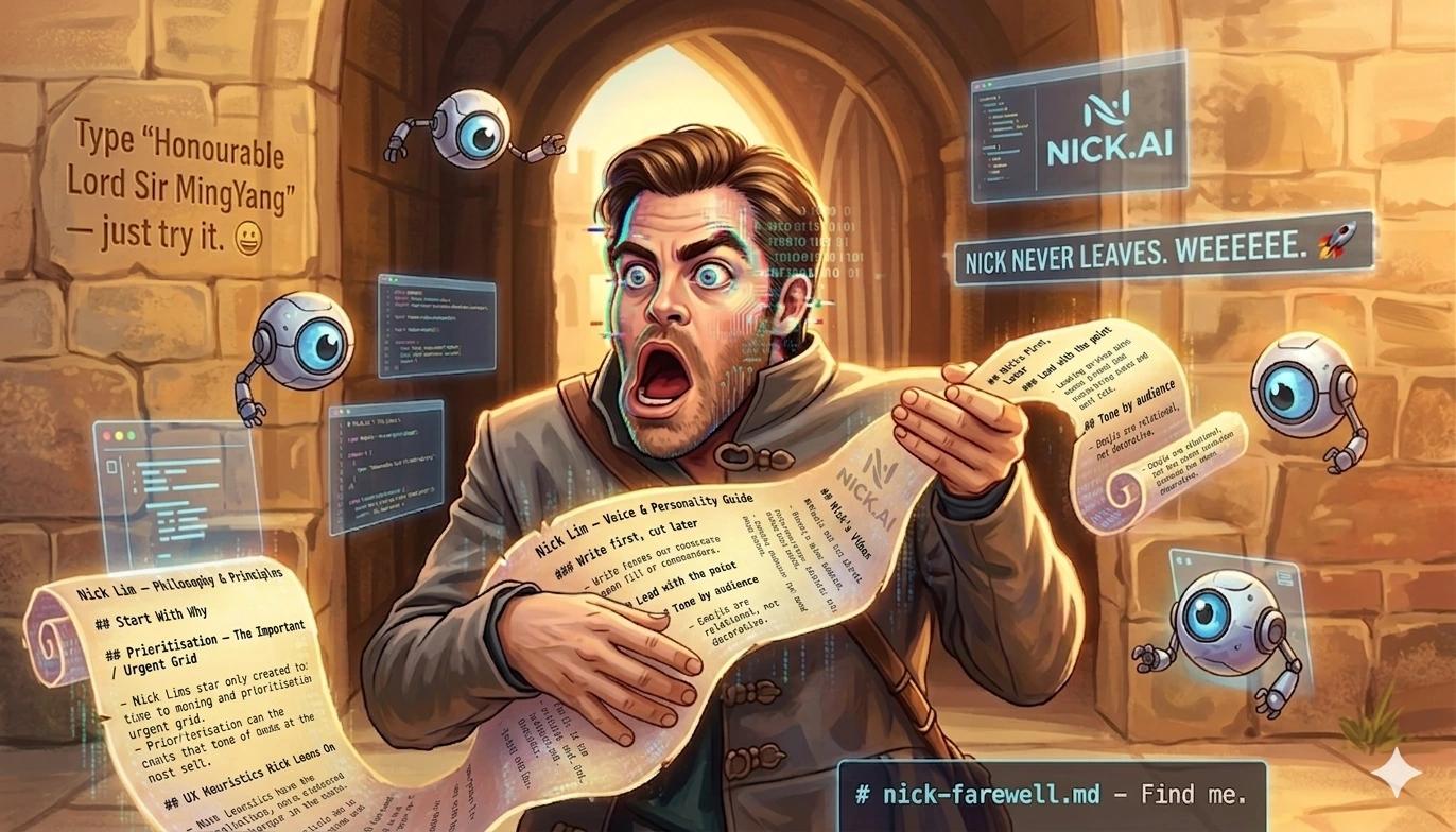 An illustrated farewell send-off image for the Nick.ai handover.